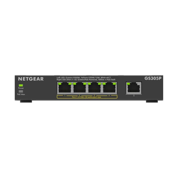 NETGEAR PoE Switch 5 Port Gigabit Ethernet LAN Switch PoE+ mit 4 Port bei 63 W (GS305P), Desktop- oder Wandbefestigung
