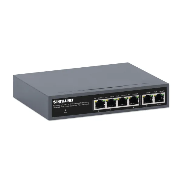 Intellinet PoE-Powered 6-Port Lite Smart Managed PoE+ Switch mit 4 GbE-Ports / 2 GbE-Uplinks und PoE-Passthrough