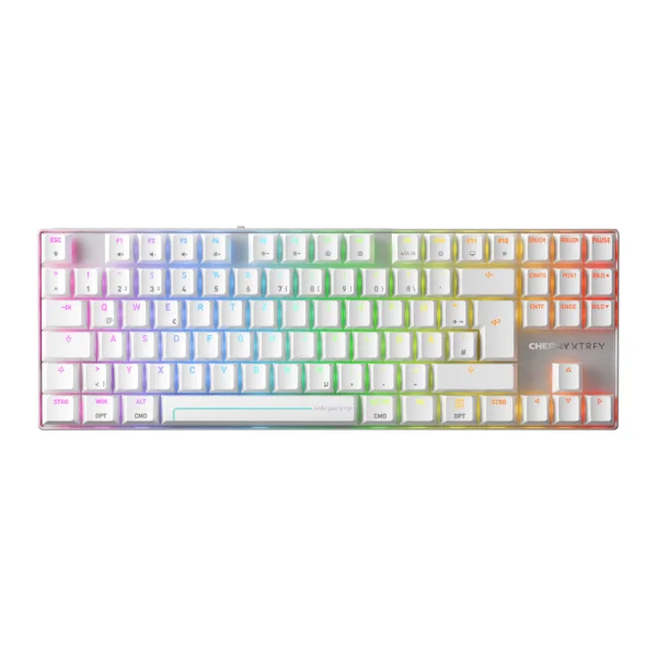 Cherry XTRFY MX 8.2 Pro TMR Weiß Gaming Tastatur, kabellos, TKL, Hot-Swap, MK CRYSTAL MAGNETIC-Switches, RGB, 2.4 Ghz, Bluetooth