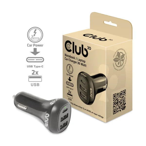 Club 3D Notebook / Laptop 12V KFZ-Ladegerät 36 Watt USB-A/USB-C