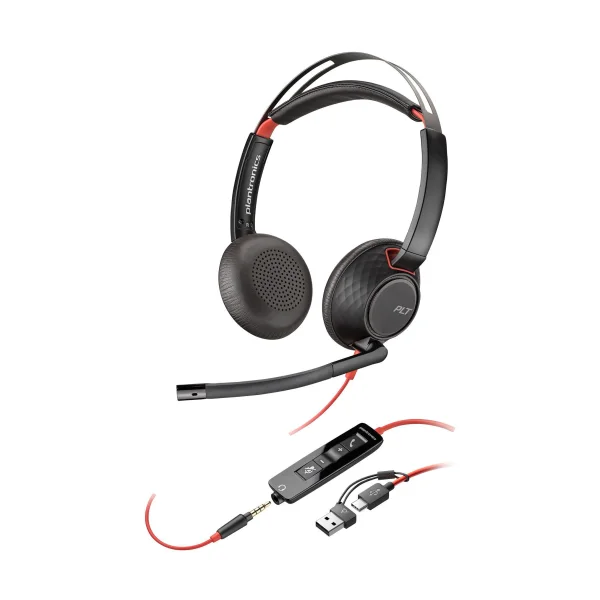 Poly Blackwire 5220 Schwarz Kabelgebundenes Stereo-Headset, USB-C/A und 3.5 mm Klinkestecker, unterstützt Poly Lens