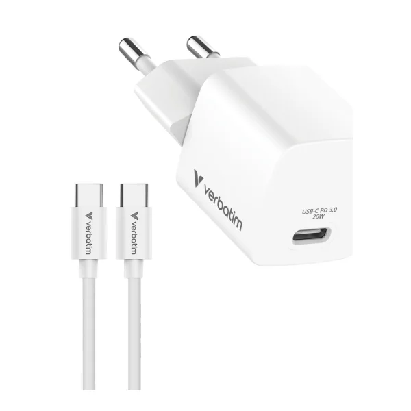 Verbatim 32396 Mini GaN Ladegerät 20W EU-Stecker Bundle mit 1m USB-C -Kabel weiß