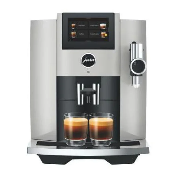 JURA S8 (EB) Kaffeevollautomat, 27 Spezialitäten, 4,3"-Touchscreen, WiFi, Sweet Foam & Sirupaufsatz, Feinschaum-Technologie, Energiesparmodus, Platin