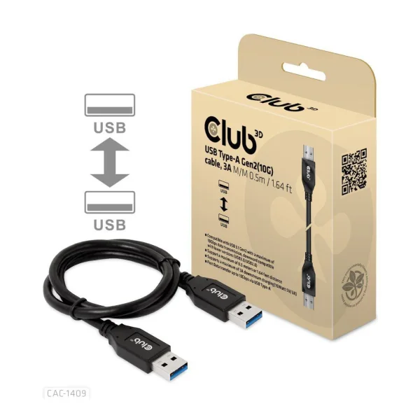 Club 3D USB Typ-A Gen2 (10G) Kabel 3A St/St 0.5m schwarz