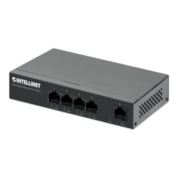 INTELLINET 5-Port Gigabit Ethernet PoE+ Switch Vier PSE PoE+ Gigabit-Ports, ein Gigabit-Port, PoE-Leistungsbudget 40 W, IEEE 802.3at/af-konform, Desktop-Format, optionale Wandmontage (561792)