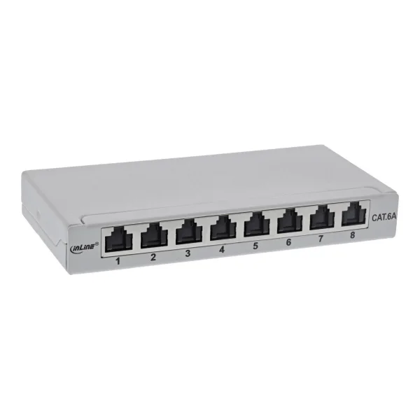 InLine® Patchfeld Cat.6A 0,5HE 8-fach, für Tisch/Wand/Hutschiene, mit Staubschutz, grau (76818A)