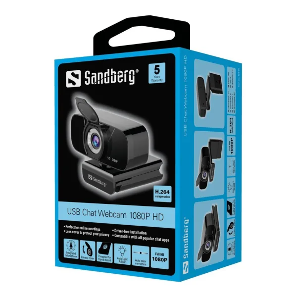 Sandberg USB Chat Webcam 1080P HD - Web-Kamera - Farbe - 2 MP - 1920 x 1080 - 1080p - Audio - USB2.0 - MJPEG, H.264, YUV (134-15)