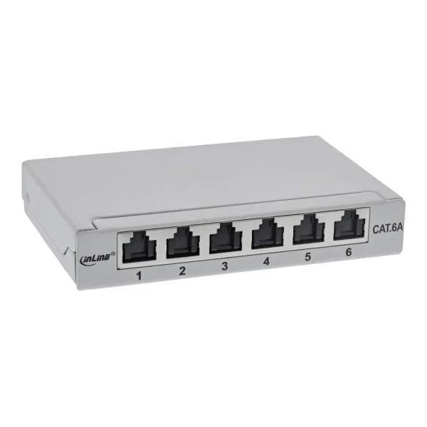 InLine® Patchfeld Cat.6A 0,5HE 6-fach, für Tisch/Wand/Hutschiene, mit Staubschutz, grau (76816A)