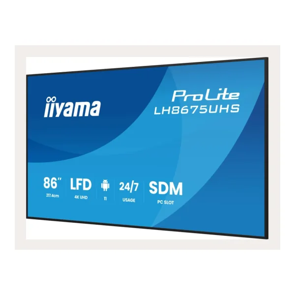iiyama 86 3840x2160, UHD IPS panel, Haze 25%, 500cd/m², Landscape and Portrait, Signal FailOver, Speakers 2x 10W, HDMI 3x, DisplayPort, DP-out (MST/HSMI/Mirror/Tiling), USB 2.0 x2, WiFi, LAN, Media Play USB Port, Control LAN / RS232C, iiSignage2 (CMS/DMS) [Energieklasse G] (LH8675UHS-B2AG)