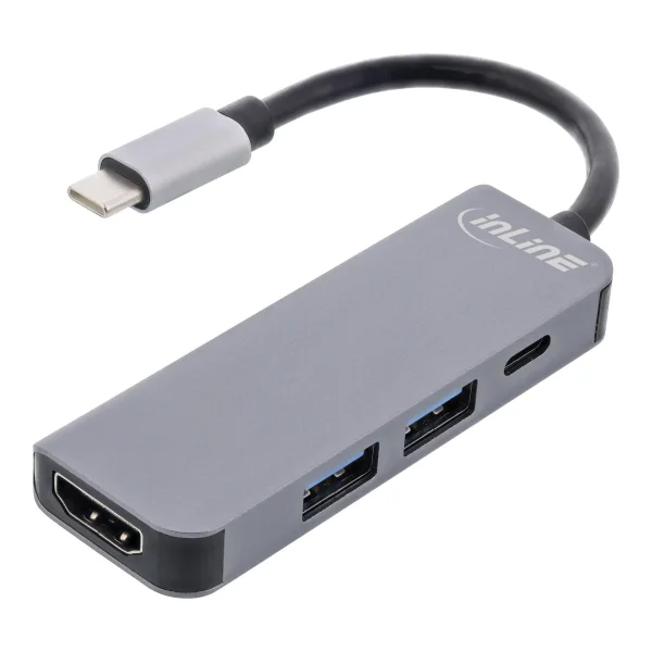 InLine® Multifunktions-Hub USB 3.2 Gen.1, 2x USB-A 5Gb/s + HDMI 4K/30Hz + USB Typ-C PD 87W, Aluminium, grau (33271H)