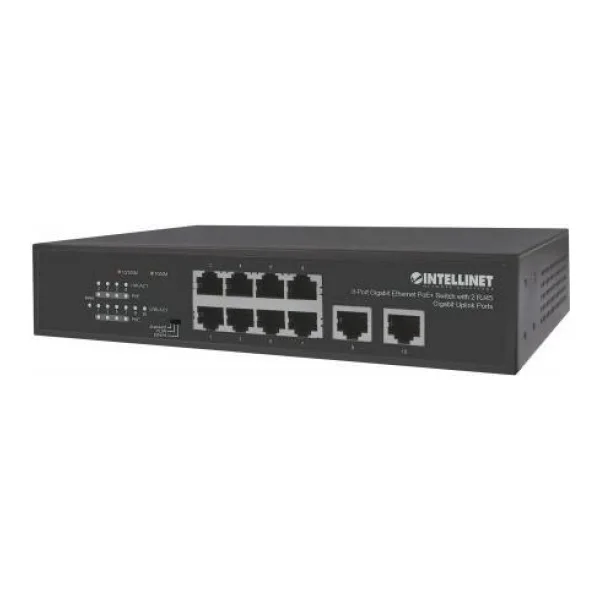 INTELLINET 8-Port Gigabit Ethernet PoE+ Switch mit 2 RJ45 Gigabit Uplink-Ports IEEE 802.3at/af Power over Ethernet (PoE+/PoE)-konform, 120 W, Endspan, Desktop (561402)