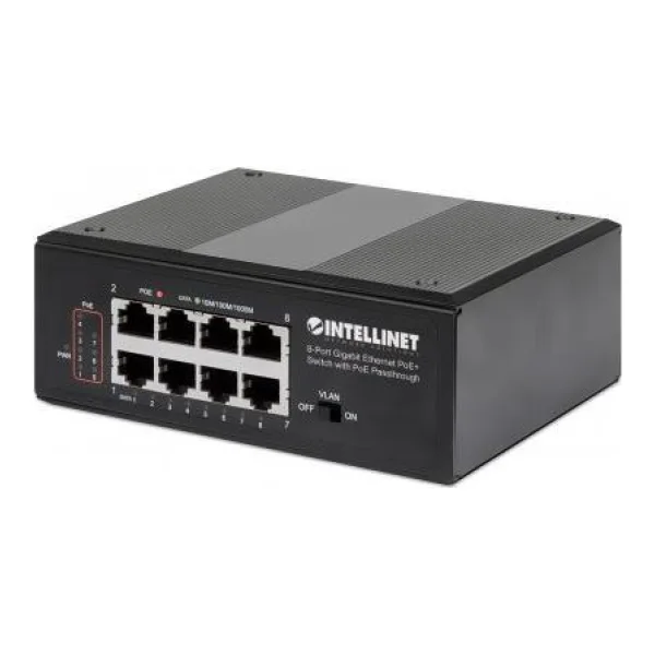 Intellinet IPS-08G-95W 8-Port Gigabit Ethernet PoE+ Switch with PoE Passthrough - Switch - unmanaged - 8 x 10/100/1000 (PoE+) - an DIN-Schiene montierbar - PoE Passthrough / PoE+ (120 W) - AC 120/230 V / DC 48 - 57 V