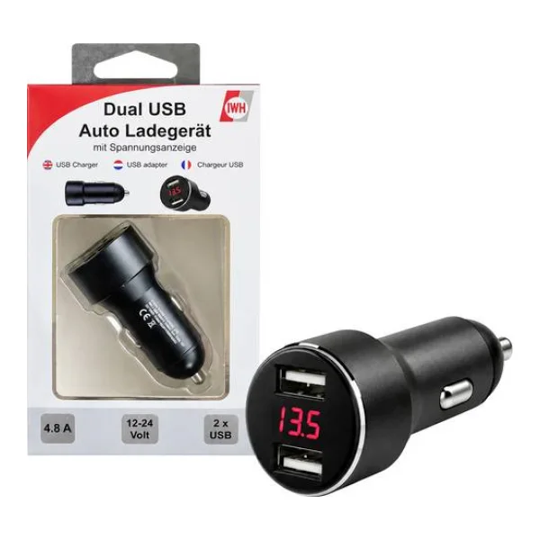 IWH USB-Ladegerät DUAL mit Spannungsanzeige Belastbarkeit Strom max.=4800mA 12 oder 24 V/DC