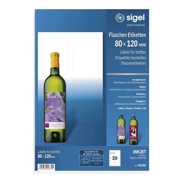 Sigel DE160 Flaschenetiketten 80 x 120mm Papier Weiß 20 St. Permanent haftend Tintenstrahldrucker