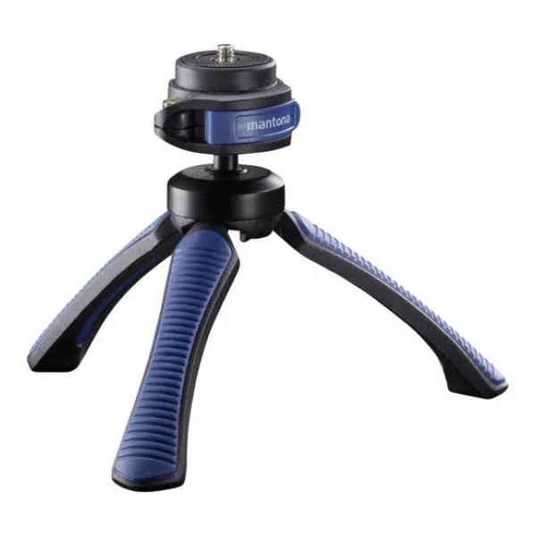 Mantona Gaia Tischstativ 1/4 Zoll Arbeitshöhe=13cm Blau Wasserwaage, inkl. Handschlaufe