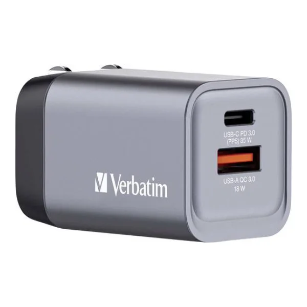 Verbatim GNC-35 GaN Reiseladeadapter 35W 1x USB-A, 1x USB-C® USB PD, USB PD 3.0, QC 3.0 Grau GaN, mit Europa-Adapter, mit