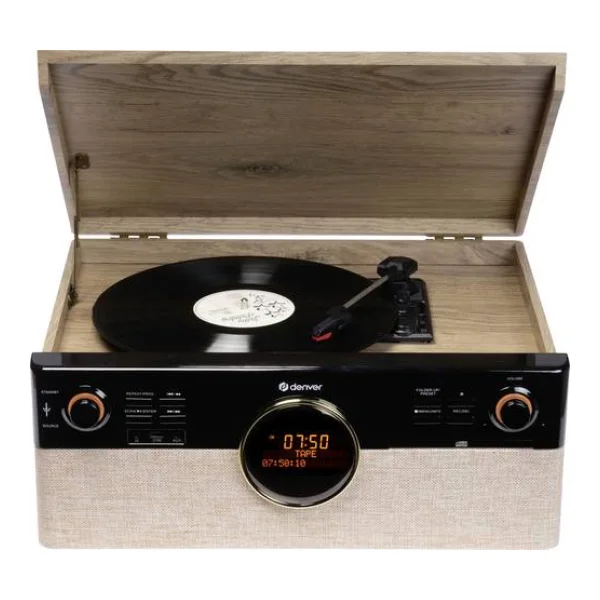 Denver MRD-180 Retro Stereoanlage DAB+, Bluetooth®, CD, Kassette, Plattenspieler, Schwarz, Holz