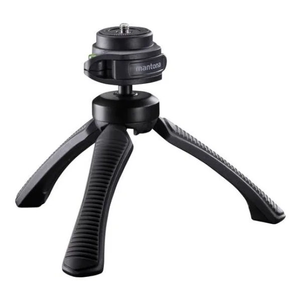Mantona Gaia Tischstativ 1/4 Zoll Arbeitshöhe=13cm Schwarz Wasserwaage, inkl. Handschlaufe